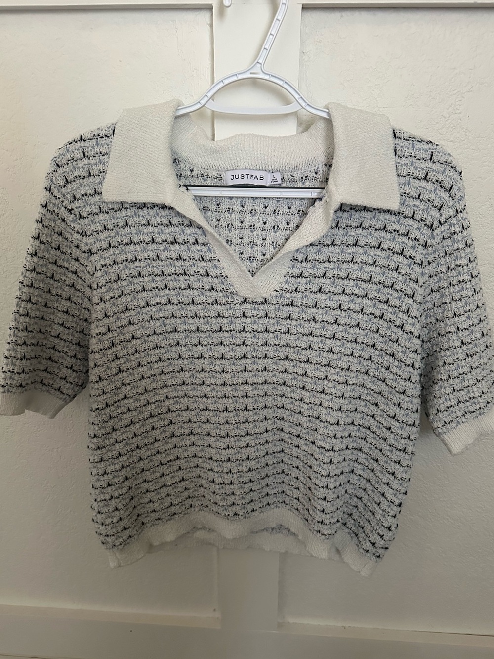 JustFab White and Black Short-Sleeve Knit Polo Sweater